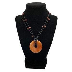 Agate Necklace Natural Stone Donut Pendant Amber Color Black Bead Chain